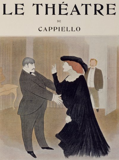 Schauspieler Lucien Quitry und Jane Harding in einer Szene aus La Chatelaine, aufgeführt im Renaissance-Theater in Paris, Zeichnung von Leonetto Cappiello, Titelseite der Zeitschrift Theatre, April 1903 von Leonetto Cappiello