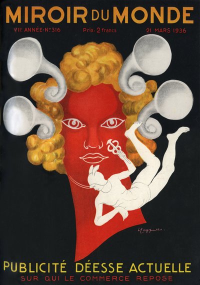 Allegorie der Werbung "Aktuelle Göttin, auf der der Handel ruht", mit Merkur, dem Gott der Reisenden und des Handels. Titelbild der Zeitschrift Mirror du Monde Nr. 316, 21. März von Leonetto Cappiello
