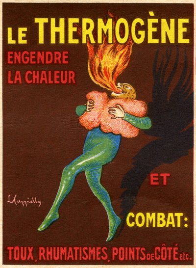 Etikett einer Schachtel mit reizendem und auflösendem Wattebausch Le Thermogene, Kompresse zur Linderung von Husten, Erkältungen, Schmerzen und Rheuma - Formel: hydrophile Baumwolle, neue Koccine, Gelborange S, Capsicum-Extrakt. Pharmazeutisches Produkt, h von Leonetto Cappiello