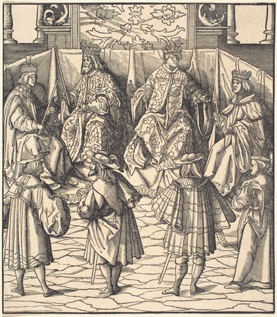 Versammlung von vier Königen, im Vordergrund vier Männer von Leonhard Beck