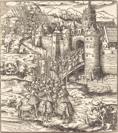 Verschiedene Männer, die auf einer Brücke vor einer Stadt knien von Leonhard Beck