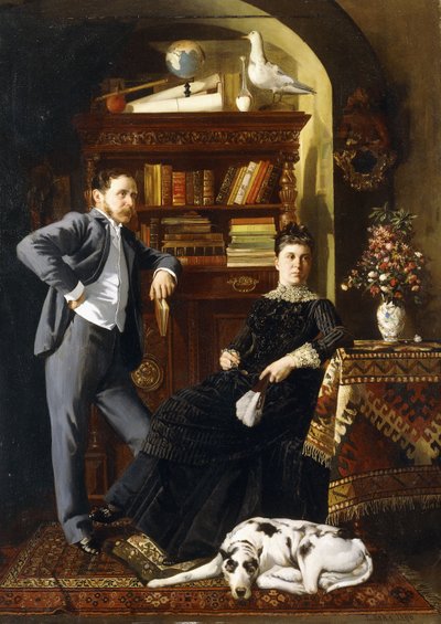 Ein Paar in einem Innenraum mit einem Hund von Leopold Bara