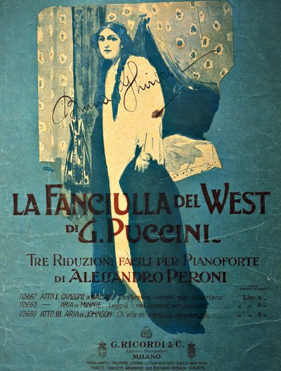 Titelseite von Leopoldo Metlicovitz (1868-1944) einer Klavierausgabe von Alessandro Peroni für die Oper La fanciulla del West (Das Mädchen aus dem goldenen Westen) von Giacomo Puccini (1858-1924) von Leopoldo Metlicovitz