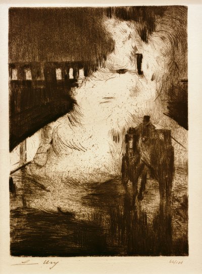 L. Ury, Nächtliche Impressionen (mit Droschke vor Lokomotivendampf) von Lesser Ury
