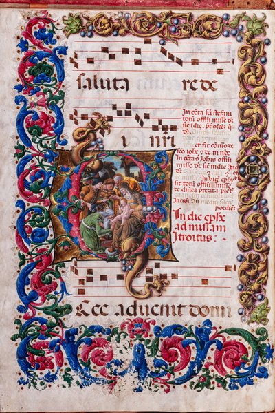 Piccolomini-Bibliothek: Chorbuch, cod. 19.4, ff. 9v mit „Anbetung der Heiligen Drei Könige“, von Liberale da Verona (ca. 1445 - 1527/9) von Liberale da Verona