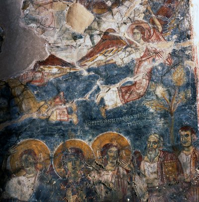 Engel und Heilige, Fresko im Kloster Agios Georgios, Diavaide, Kreta, Griechenland von Unbekannt Unbekannt