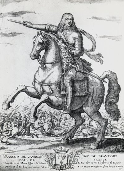 Reiterporträt von Franz von Bourbon-Vendome (1616-1669), zweiter Herzog von Beaufort und französischer General, Gravur von Nicolas de La Fage (1600?-1655) von Unbekannt Unbekannt