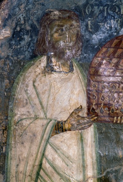 Fresko Käufer der Kirche Agia Anna, hält Modell der Kirche, Fresko von 1642, Anisaraki, Kreta, Griechenland von Unbekannt Unbekannt