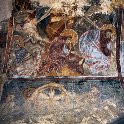 Fresko von Heiligen in der byzantinischen Kirche Agios Georgios Xifoforos, Apodoulou, Kreta, Griechenland (Foto) von Unbekannt Unbekannt