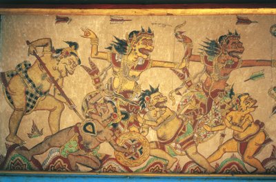 Fresken, die Szenen von Kämpfen zwischen Göttern und Dämonen darstellen, Kertha Gosa Pavillon, Klungkung Palast (Puri Agung Semarapura), Semarapura, Bali, Indonesien von Unbekannt Unbekannt