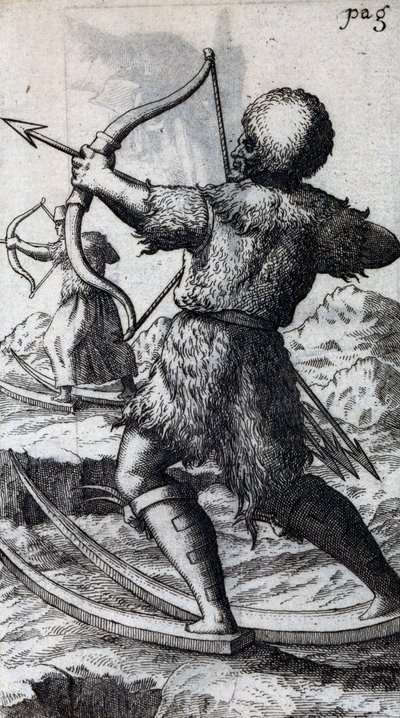 Jäger mit Bogen und Pfeil auf kurzen Skiern, Illustration aus De Calceo Antiquo, von B Balduinus von Unbekannt Unbekannt