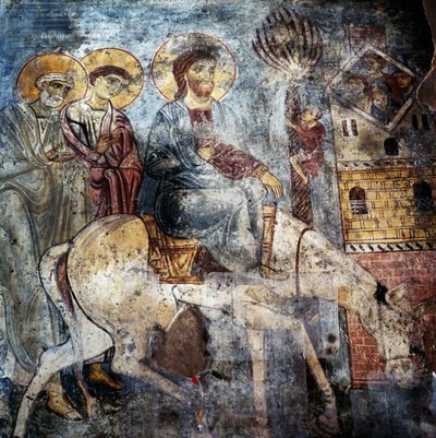 Jesus zieht auf einem Esel in Jerusalem ein, Fresken im Kloster Panagia Antifonitria, Myriokefala, Kreta, Griechenland (Foto) von Unbekannt Unbekannt