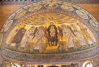 Madonna und Kind zwischen Engeln und Heiligen, Mosaik in der Apsis der Euphrasius-Basilika, Porec, Istrien, Kroatien, 6. Jahrhundert von Unbekannt Unbekannt