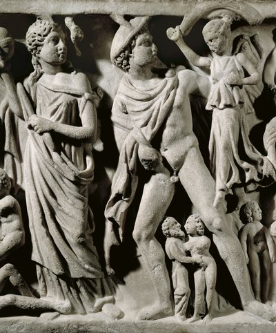 Marmorsarkophag, Relief darstellend den Mythos von Prometheus, Detail, Hermes und eine der Parzen, aus Arles von Unbekannt Unbekannt