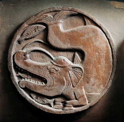 Medallion mit Meereswesen vom Kopf eines Elefanten, der Fisch verschlingt, Relief von der Stupa von Bharhut, buddhistisches Denkmal, Madhya Pradesh, Indien, indische Zivilisation, 2. Jahrhundert v. Chr. von Unbekannt Unbekannt