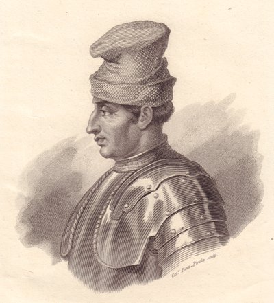 Porträt des italienischen Militärführers Niccolo Fortebraccio, auch bekannt als della Stella (1389-1435), Kupferstich von Caterina Piotti-Pirola von Unbekannt Unbekannt