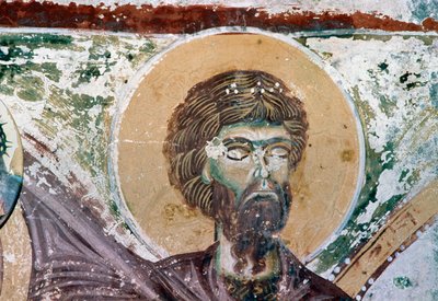 Heiliger, Detail aus Fresko in der Kirche Agios Georgios, Mourne, Kreta, Griechenland von Unbekannt Unbekannt