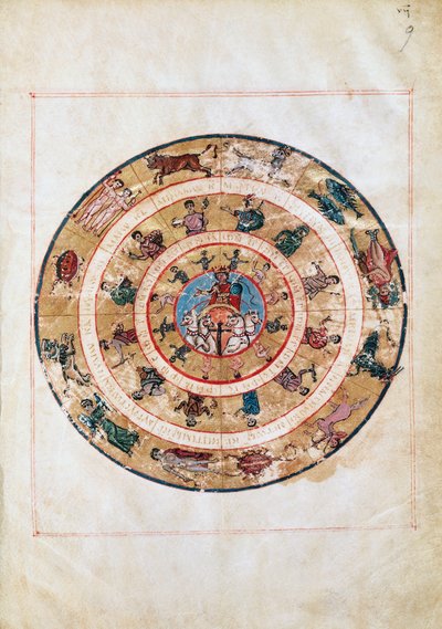 Der Sonnenwagen und die Tierkreiszeichen, Miniatur aus einem frühmittelalterlichen Manuskript, astronomische Tafel von Ptolemäus (ca. 100-175), hellenistische Zivilisation von Unbekannt Unbekannt