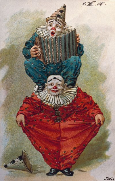 Zwei Clowns, einer spielt Akkordeon von Unbekannt Unbekannt