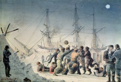 Zwischenfälle auf einer Handelsreise: Männer spielen Fußball an Bord der HMS 