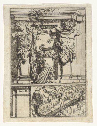 Zwei Karyatiden, eine Panflöte, Pfeil und Bogen und ein Schild von Lieven Mehus