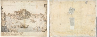 Achtzehn Ansichten von Rom: Die Piazza Barberini (recto); Abzeichnung eines Brunnens von Recto und Skizzen von zwei Gesichtern (verso) von Lievin Cruyl