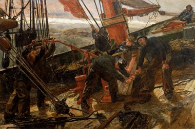 Szene auf dem Deck einer Schoner, der in einen Sturm geraten ist, ein Seedrama, alle Matrosen und die Frau des Kapitäns versammeln sich, um die Pumpe zu aktivieren und die Segel und Seile zu ziehen von Lionel Percy Smythe