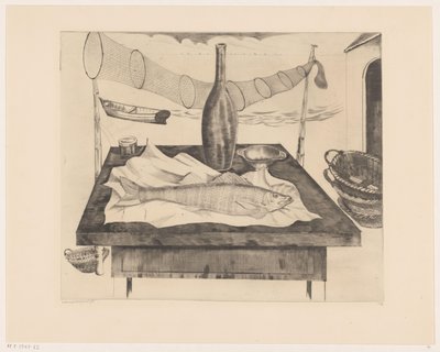 Stillleben mit Fisch, Flasche und Fischernetz von Lodewijk Schelfhout (signed by artist)