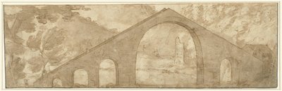 Steile Brücke in einer Landschaft von Lodewijk Toeput (attributed to)