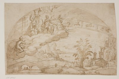 Apollo auf einem Thron in den Wolken über einer weiten Landschaft mit dem Tierkreis hinter ihm von Lodewijk Toeput