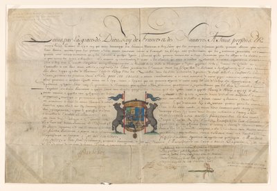 Diplom, das Ludwig XIV. Cornelis Lampsins zum Baron von Tobago und Ritter des Ordens von St. Michel erhob von Lodewijk XIV (koning van Frankrijk) (signed by artist)
