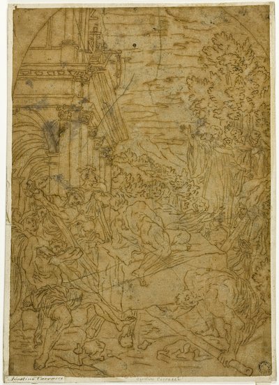 Der heilige Benedikt bewegt den Stein, den ein Dämon unbeweglich gemacht hatte von Lodovico Carracci
