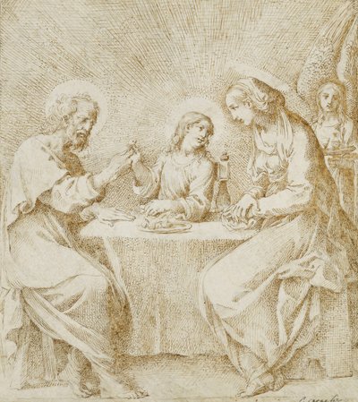 Das Jesuskind, die Jungfrau und der heilige Josef an einem Tisch sitzend, begleitet von einem Engel von Lodovico Carracci