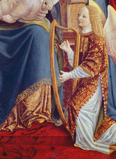 Madonna und Kind mit Engelmusikern, Detail eines Engelmusikers, der die Harfe spielt, ca. 1490-1500 von Lombard School