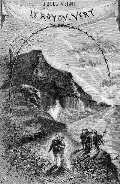 Frontispiz von Jules Vernes Roman „Der grüne Strahl“, Hetzel-Sammlung/Außergewöhnliche Reisen 1882. Zeichnung von Leon Benett von Léon Benett
