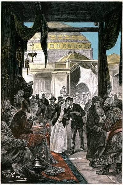 Der Basar von Samarkand (heute Samarkand oder Samarqand in Usbekistan), Illustration des Romans von Jules Verne „Claudius Bombarnac“ Ausgabe Hetzel 1892 - Zeichnung von Léon Benett (Hippolyte Léon Benet) von Léon Benett