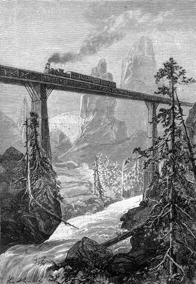 Zeichnung von Leon Benett, aus dem Buch von Jules Verne „Die 500 Millionen der Begum“ - Ausgabe Hetzel/Außergewöhnliche Reisen 1879. Dampflok überquert eine kühne Brücke in einer Berglandschaft mit Wildbach von Léon Benett