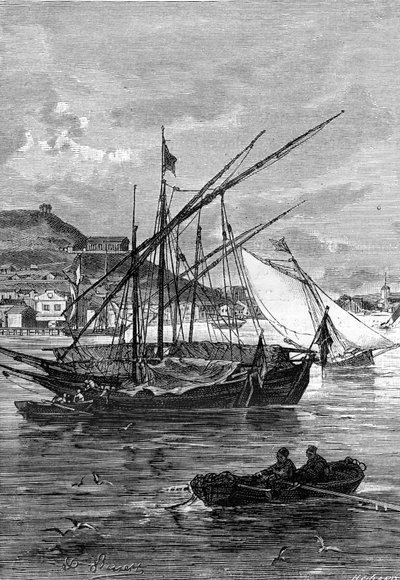 Illustration von Jules Vernes Roman „Keraban der Starrkopf“, Hetzel-Sammlung/Außergewöhnliche Reisen 1883. Zeichnung von Leon Benett: der Hafen von Kertsch (Krim), an der Straße von Ienikale, zwischen dem Schwarzen Meer und dem Asowschen Meer von Léon Benett