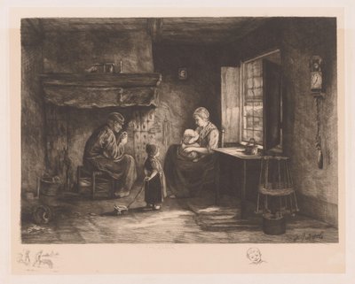 Innenraum einer Fischerhütte mit einem Mann, einer Frau und zwei Kindern von Léon Richeton