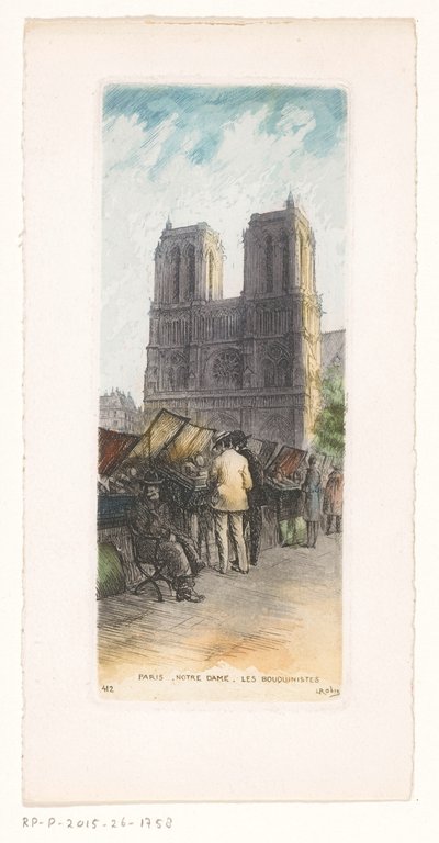 Ansicht der Notre-Dame in Paris mit Buchhändlern im Vordergrund von Léopold Robin
