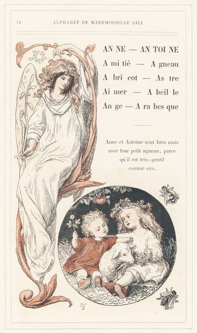 Anne, Antoine, Freundschaft, Lamm, Aprikose, Stern, Liebe, Biene, Engel, Arabeske, Seite 14 - Alphabet von Mademoiselle Lili, von L. Froelich und von einem Vater (Hetzel selbst). Bibliotheque & Magasin d