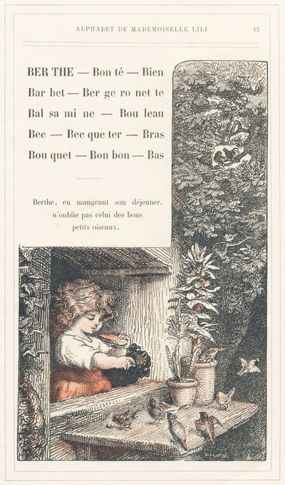 Berthe, Bonte, Brunnen, Barbet, Bachstelze, Balsamine, Birke, Schnabel, Schnäbeln, Arm, Strauß, Bonbon, Boden, Seite 15 - Alphabet von Mademoiselle Lili, von L. Froelich und von einem Vater (Hetzel selbst). Bibliotheque & Magasin d