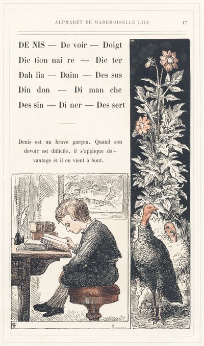 Denis, Pflicht, Finger, Wörterbuch, Diktieren, Dahlie, Wildleder, Spitze, Truthahn, Sonntag, Zeichnung, Abendessen, Dessert, Seite 17 - Alphabet von Mademoiselle Lili, von L. Froelich und von einem Vater (Hetzel selbst). Bibliotheque & Magasin d