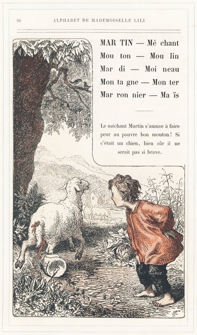Martin, Böse, Schaf, Mühle, Dienstag, Spatz, Berg, Aufstieg, Kastanie, Mais, Seite 26 - Alphabet von Mademoiselle Lili, von L. Froelich und von einem Vater (Hetzel selbst). Bibliotheque & Magasin d