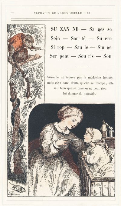Suzanne, Weisheit, Pflege, Gesundheit, Zucker, Sirup, Weide, Affe, Schlange, Maus, Klang, Seite 32 - Alphabet von Mademoiselle Lili, von L. Froelich und von einem Vater (Hetzel selbst). Bibliotheque & Magasin d
