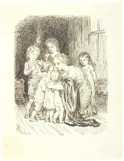 Eine Mutter, die kniend eine Gruppe Kinder um sich versammelt von Lorenz Frølich