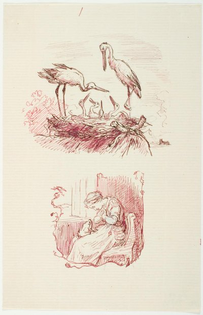 Störche und sitzende Frau mit einem Frosch auf dem Schoß von Lorenz Frølich