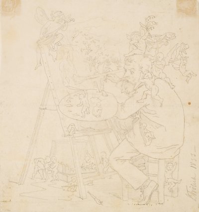 Maler bei der Arbeit, umgeben von Elfen und anderen Wesen von Lorenz Frølich