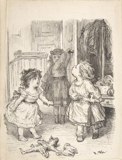 Drei kleine Mädchen in einem Raum streiten und spucken, 1835-1903 von Lorenz Frølich