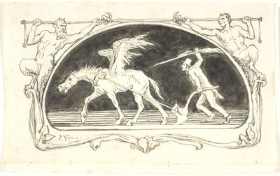 Vignette mit einem erschöpften Pegasus vor einem Pflug, der von einem Mann mit hohem Hut und einer großen Feder angetrieben wird von Lorenz Frølich